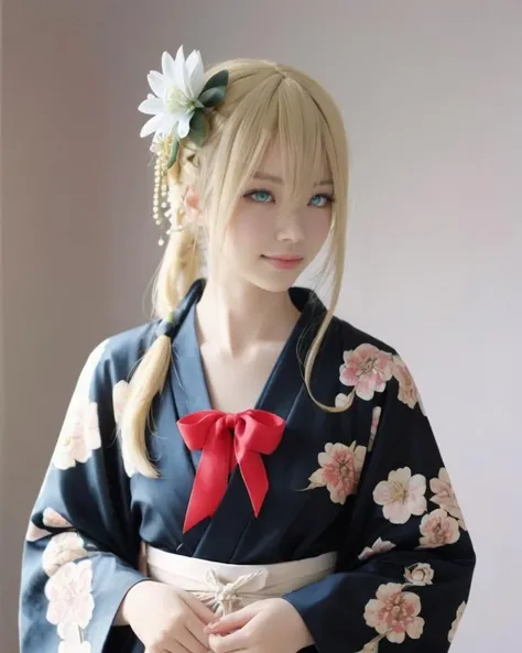 dal, (realistic:1.5), (best quality, masterpiece, intricate detail:1.2), 1boy, 1girl, androgynous, aqua_eyes, bad_id, bad_pixiv_id, blonde_hair, crossdressing, flower, hadanugi_dousa, hair_flower, hair_ornament, hair_ribbon, hairpin, japanese_clothes, kagamine_hachi-hachi_hana_no_kassen_(vocaloid), kagamine_len, kagamine_rin, kimono, long_hair, older, open_clothes, open_kimono, otoko_no_ko, ponytail, reverse_trap, ribbon, sarashi, smile, unabara_misumi, vocaloid,