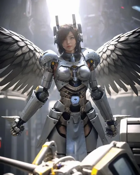 dal, (realistic:1.5), (best quality, masterpiece, intricate detail:1.2), (((fantasy, mecha musume, mechanical wings, mechanical parts))), medium breasts, ((armored dress)), science fiction, dynamic pose, dynamic angle, headgear, lustrous skin, (finely detailed beautiful eyes) , high quality, highres, sidelighting, blurry, blurry backgronud,