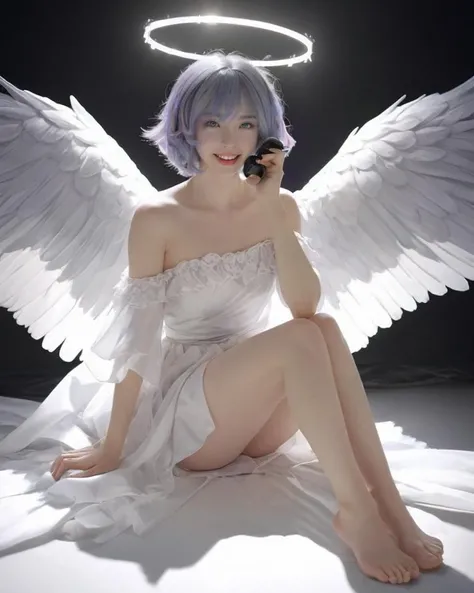 dal, (realistic:1.5), (best quality, masterpiece, intricate detail:1.2), 1girl, solo, looking at viewer, blush, smile, short hair, open mouth, bangs, dress, holding, bare shoulders, blue hair, purple eyes, full body, white hair, :d, grey hair, multicolored hair, wings, barefoot, virtual youtuber, signature, off shoulder, white dress, feet, streaked hair, legs, bare legs, toes, halo, soles, bob cut, frilled dress, feathers, foreshortening, microphone, feathered wings, angel wings, colored inner hair, music, white wings, angel, foot focus, holding microphone, singing, glowstick, star halo,