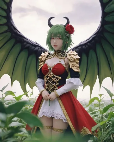 dal, (realistic:1.5), (best quality, masterpiece, intricate detail:1.2), 1girl, absurdres, armor, blush, character_cutout, chibi, dragon, dragon_girl, dragon_wings, flower, fur, green_hair, hair_flower, hair_ornament, hand_to_own_mouth, highres, horns, ice, ikeya_(higumake), marker_(medium), monster_girl, photo_(medium), plan_(p&d), plant, puzzle_&_dragons, red_eyes, solo, traditional_media, vambraces, vines, wings,