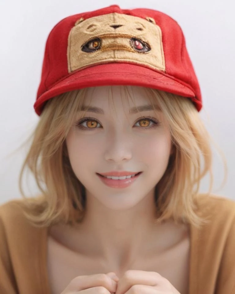 dal, (realistic:1.5), (best quality, masterpiece, intricate detail:1.2), 1boy, blonde_hair,, closed_mouth, dog, hat, highres, holding, identity_v, looking_at_viewer, male_focus, neo_(yam1nek01), orange_eyes, red_headwear, short_hair, smile, solo, stitched_mouth, stitches, victor_grantz, white_background, wick_(identity_v),