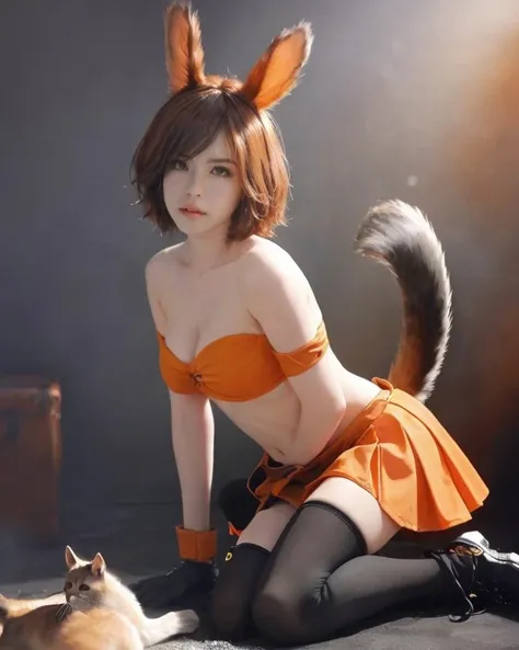 dal, (realistic:1.5), (best quality, masterpiece, intricate detail:1.2), 1girl, abs, animal_ears, antenna_hair, bare_shoulders, boots, breasts, brown_eyes, brown_hair, curvy, fingerless_gloves, gloves, large_breasts, navel, orange_skirt, revealing_clothes, short_hair, skirt, solo, squirrel_ears, squirrel_tail, sweat, tail, thighhighs, tonfa, underboob, weapon,