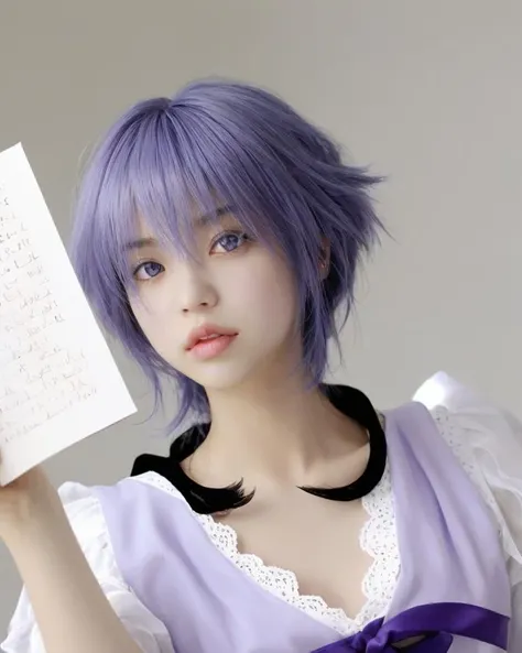 dal, (realistic:1.5), (best quality, masterpiece, intricate detail:1.2), 1girl, andanon, blue_hair, gacha, haniyasushin_keiki, highres, purple_eyes, solo, touhou, translation_request,