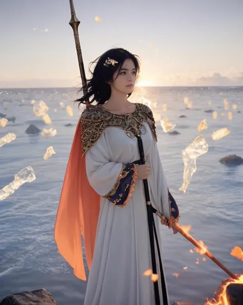 dal, (realistic:1.5), (best quality, masterpiece, intricate detail:1.2), 1girl, Elemental mage, robe with a flame pattern, staff with a crystal of ice, earth talisman with a carving of stone, air feather with a gust of wind, sacred temple with a portal to the elemental plane, Lunar landscape, rocky terrain, craters, lunar rover, flag on a pole, __fantasy situation__,