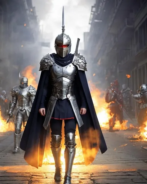 dal, (realistic:1.5), (best quality, masterpiece, intricate detail:1.2), 1boy, armor, black_armor, black_knight_(fire_emblem), boots, cape,, fire_emblem, fire_emblem:_path_of_radiance, full_armor, helmet, huge_weapon, kita_senri, knight, male_focus, official_art, solo, sword, weapon,