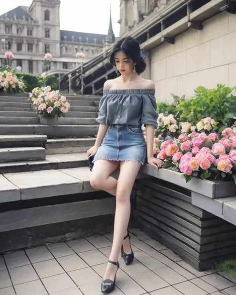 dal, (realistic:1.5), (best quality, masterpiece, intricate detail:1.2), 1girl, 1girl, black eyes, , Denim mini skirt, off the shoulder top, strappy block heels, statement earrings, crossbody bag,, , Outdoor area filled with blooming flowers,, [frustrated expression, agitated, exasperated, annoyed:0.7],