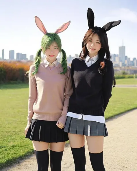 dal, (realistic:1.5), (best quality, masterpiece, intricate detail:1.2), 3girls, animal_ears, arms_behind_back, artist_request, black_cardigan, black_hair, black_legwear, black_skirt, brown_eyes, brown_hair, brown_sweater, cardigan, cat_ears, cat_tail, cloud, day, dog_ears, elin, fang, green_eyes, green_hair, kneehighs, long_hair, multiple_girls, open_mouth, outdoors, purple_eyes, rabbit_ears, rabbit_tail, school_uniform, serafuku, shirt, short_hair, short_twintails, skirt, sky, smile, sweater, sweater_vest, tail, tera_online, thighhighs, twintails, white_shirt, zettai_ryouiki,