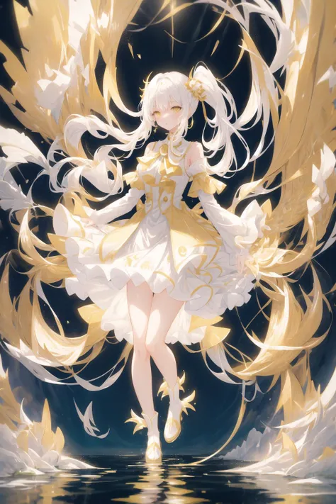 <lora:PureCelestiA-000001:0.3>, Pur/e.CelestiA, girl, white, gold, standing, standing on water, water splash, white hair, yellow eyes, night sky background, full body,