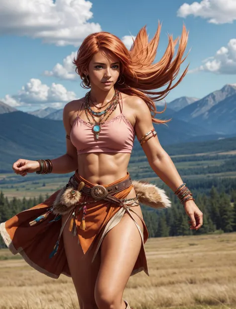 (1girl), model shot, (floating:1.3), anime style, beautiful young face, tan glowing skin, freckles, <lora:more_details:0.5> <lora:vanille-nvwls-v1:0.5>, vanille, necklace, bracelets, pink crop top, orange skirt, belt, clothes around waist, fur-trim boots, beaded jewelery, outdoors, wilderness, wind blowing, a rushing gale, native american style
