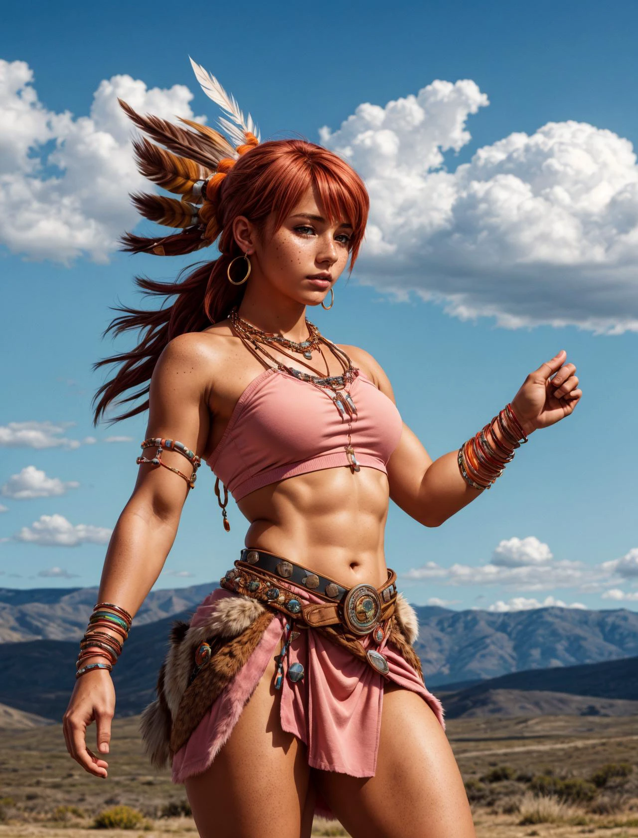 (1girl), model shot, (dancing:1.3), anime style, beautiful young face, tan glowing skin, freckles, <lora:more_details:0.5> <lora:vanille-nvwls-v1:0.5>, vanille, necklace, bracelets, pink crop top, orange skirt, belt, clothes around waist, fur-trim boots, beaded jewelery, outdoors, wilderness, wind blowing, a rushing gale, native american style