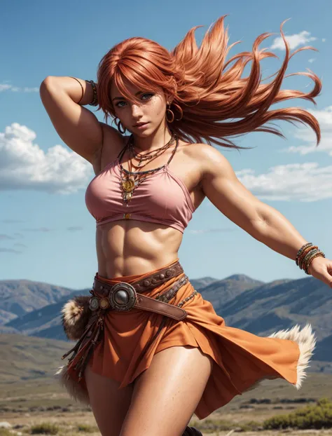 (1girl), model shot, (floating:1.3), anime style, beautiful young face, tan glowing skin, freckles, <lora:more_details:0.5> <lora:vanille-nvwls-v1:0.5>, vanille, necklace, bracelets, pink crop top, orange skirt, belt, clothes around waist, fur-trim boots, beaded jewelery, outdoors, wilderness, wind blowing, a rushing gale, muscular