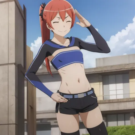 masterpiece,best quality,anime,2d,
 <lora:LokiTest768:1>
1girl, solo,red hair, closed eyes, midriff, short shorts, navel, ponytail, hand on hip, smile, salute, bandeau, black thighhighs, strapless,flat chest, belt
