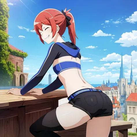 masterpiece,best quality,anime,2d,
<lora:LokiTest768:1>
1girl, solo, red hair, closed eyes, navel, midriff, bandeau,bandeau, smile, day, ponytail, sky, strapless, flat chest, cloud,short shorts,long sleeves,fantasy city,leaning forward, from behind, huge ass, smug,fantasy,black legwear,