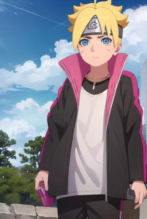 borutouzumaki, <lora:boruto uzumaki-lora-nochekaiser:1>,
boruto uzumaki, short hair, blue eyes, blonde hair, male focus, facial mark, spiked hair, whisker markings, forehead protector,
BREAK shirt, long sleeves, jewelry, jacket, white shirt, open clothes, pants, necklace, open jacket, black jacket, black pants,
BREAK outdoors, forest, nature, trees, grass, sky, clouds, sun,
BREAK looking at viewer, (cowboy shot:1.5),
BREAK <lyco:GoodHands-beta2:1>, (masterpiece:1.2), best quality, high resolution, unity 8k wallpaper, (illustration:0.8), (beautiful detailed eyes:1.6), extremely detailed face, perfect lighting, extremely detailed CG, (perfect hands, perfect anatomy),