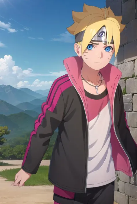 borutouzumaki, <lora:boruto uzumaki-lora-nochekaiser:1>,
boruto uzumaki, short hair, blue eyes, blonde hair, male focus, facial mark, spiked hair, whisker markings, forehead protector,
BREAK shirt, long sleeves, jewelry, jacket, white shirt, open clothes, pants, necklace, open jacket, black jacket, black pants,
BREAK outdoors, forest, nature, trees, grass, sky, clouds, sun,
BREAK looking at viewer, (cowboy shot:1.5),
BREAK <lyco:GoodHands-beta2:1>, (masterpiece:1.2), best quality, high resolution, unity 8k wallpaper, (illustration:0.8), (beautiful detailed eyes:1.6), extremely detailed face, perfect lighting, extremely detailed CG, (perfect hands, perfect anatomy),