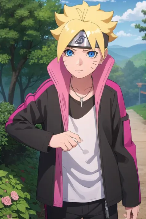 borutouzumaki, <lora:boruto uzumaki-lora-nochekaiser:1>,
boruto uzumaki, short hair, blue eyes, blonde hair, male focus, facial mark, spiked hair, whisker markings, forehead protector,
BREAK shirt, long sleeves, jewelry, jacket, white shirt, open clothes, pants, necklace, open jacket, black jacket, black pants,
BREAK outdoors, forest, nature, trees, grass, sky, clouds, sun,
BREAK looking at viewer, (cowboy shot:1.5),
BREAK <lyco:GoodHands-beta2:1>, (masterpiece:1.2), best quality, high resolution, unity 8k wallpaper, (illustration:0.8), (beautiful detailed eyes:1.6), extremely detailed face, perfect lighting, extremely detailed CG, (perfect hands, perfect anatomy),