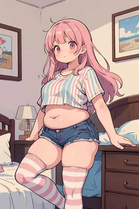 (masterpiece, best quality), 1girl, pink hair, crop top, denim shorts, bedroom, striped thighhighs, <lora:Concept_Plump:1.5> Chubby, Plump, Fat, Fat Rolls