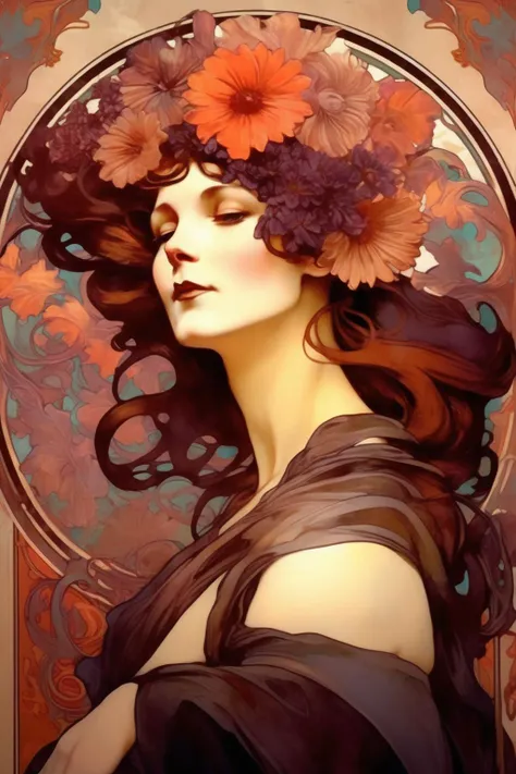 <lora:Alphonse Mucha Style:1>Alphonse Mucha Style - Alphonse Mucha painted a portrait of a fashionable woman. dark flovers color