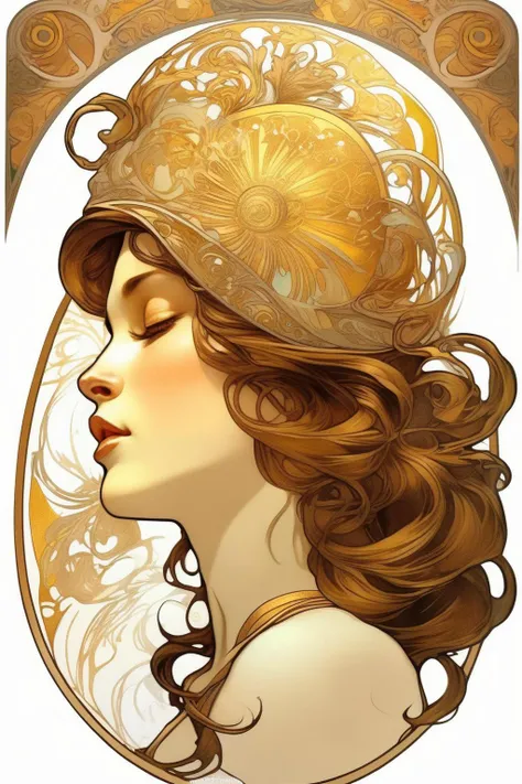 <lora:Alphonse Mucha Style:1>Alphonse Mucha Style - desing for tattoo for brown haired woman looking in profile with golden divine hat white background alphonse mucha style