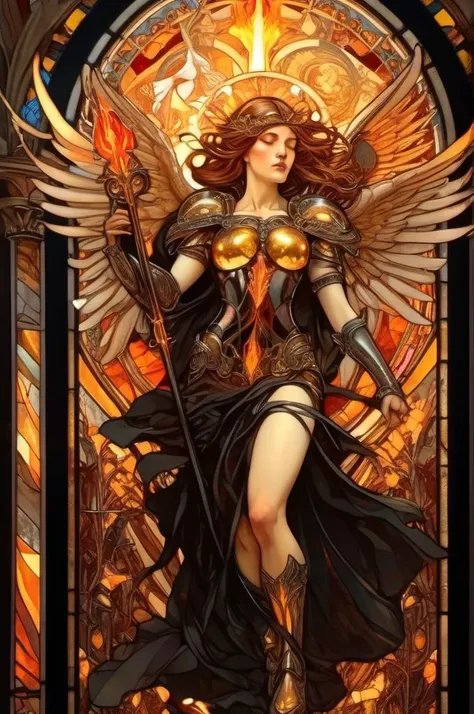 , <lora:Alphonse Mucha Style:1> Alphonse Mucha Style , in stained glass ,, epic female warrior on fire ablaze in black and gold armor with angel wings, horror christian cathedral, nighttime,
dungeons and dragons,
dungeons and dragons,