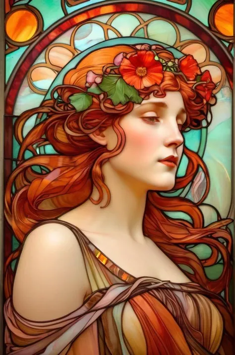 <lora:Alphonse Mucha Style:1>Alphonse Mucha Style - a portrait of persephone in stained glass   ,