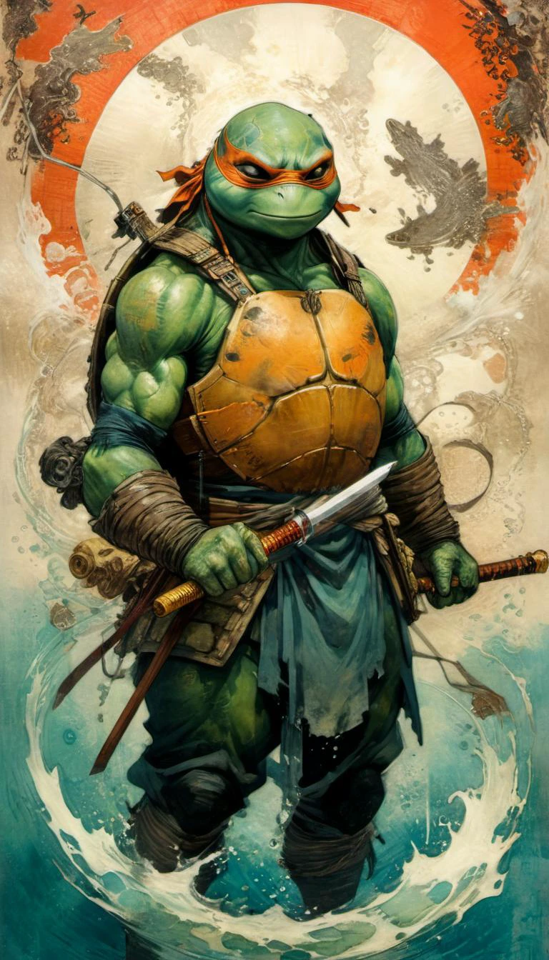 by Tsutomu Nihei,(strange but extremely beautiful:1.4),(masterpiece, best quality:1.4),in the style of nicola samori,age Mutant Ninja Turtles Michelangelo,<lora:add-detail-xl:1>,<lora:xl_more_art-full_v1>,<lora:NicolaSamori:0.7>,<lora:Ukiyo-e Art:0.8>,Ukiyo-e Art,<lora:Alphonse Mucha Style:0.8>,Alphonse Mucha Style page