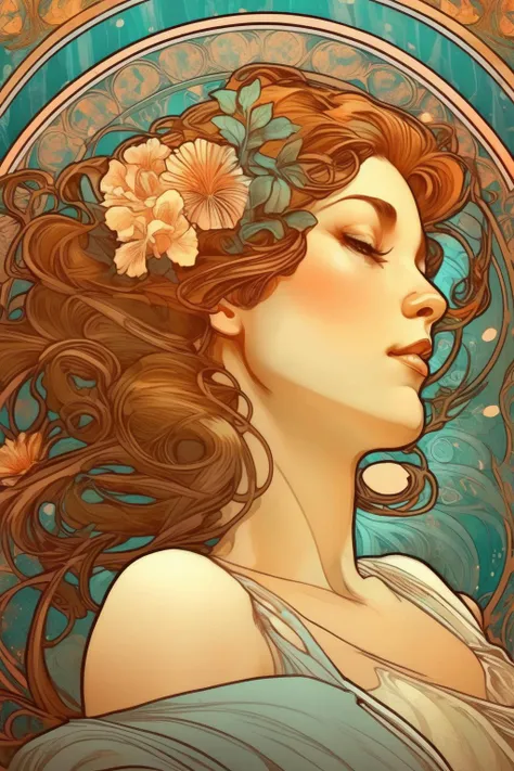 <lora:Alphonse Mucha Style:1>Alphonse Mucha Style - closeup portrait illustration of a woman, relaxing. in the style of art nouveau