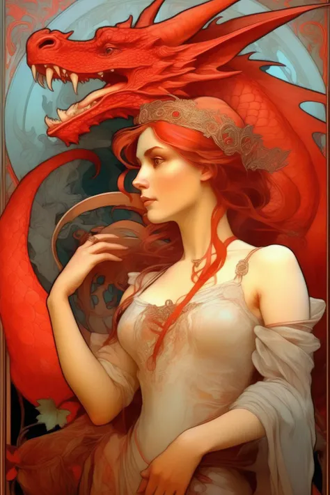 A fair maiden and her loyal red dragon, masterpiece, illustration, highest details, sharp contrast, <lora:Alphonse Mucha Style:1> Alphonse Mucha Style