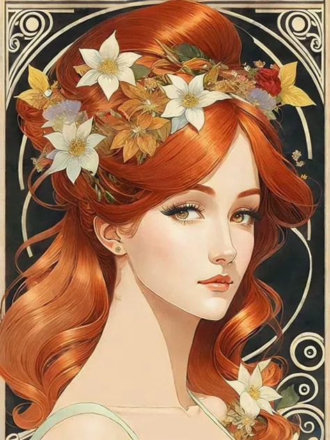 <lora:AlphonseMucha:1>a woman with long red hair and flowers in her hair is depicted in an art nouveau style by Alphonse Mucha