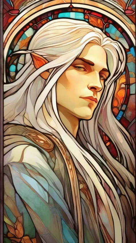 <lora:Alphonse Mucha Style:1>A portrait of  a young Lucifer with long straight white hair in stained glass alphonse mucha art style