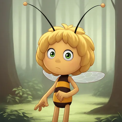 score_8_up, BREAK,  no humans, 1girl, solo, Maya,  green eyes,  antennae, yellow skin, yellow hair, striped,  <lora:MayaTheBee_PXL_Leaf1:1>, forest,