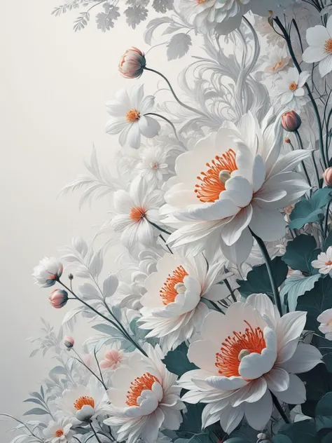 abstract, concept: a dream in full bloom, floral elements, big flowers, intricate, stunning, mimalist, white, subtle, classy, luxury, magical realm effect, enchanting, illustration, beauty of contrast color pairing, east meets west, juxtaposition, cinematic, <lora:Classic_Anime_Style:0.8>