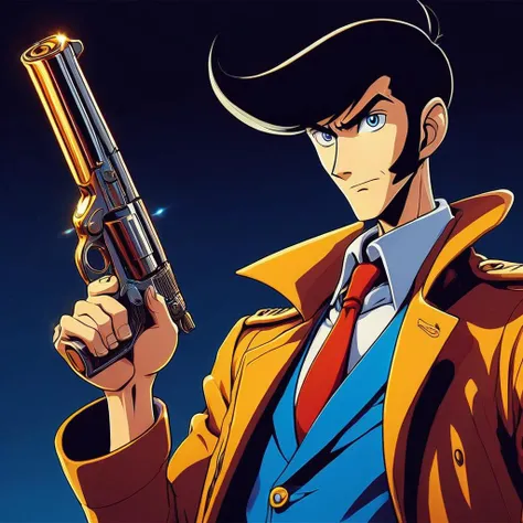 impactful paint of classic anime cartoon of Lupin III with a gun <lora:Classic_Anime_Style:1>, highly detailed, 8k, sharp, professional, clear, high contrast, high saturated, , vivid deep blacks, crystal clear