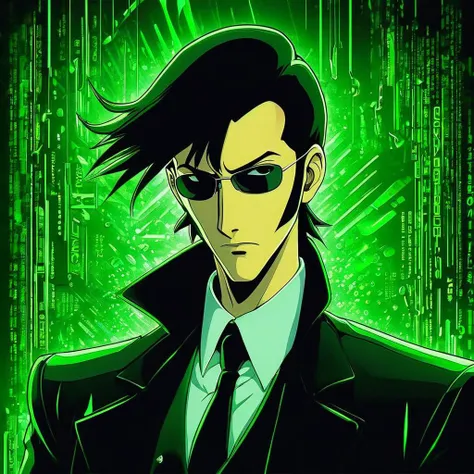 impactful paint of classic anime cartoon of Keanu Reeves as Neo in The Matrix. Green letters background <lora:Classic_Anime_Style:1>, highly detailed, 8k, sharp, professional, clear, high contrast, high saturated, , vivid deep blacks, crystal clear