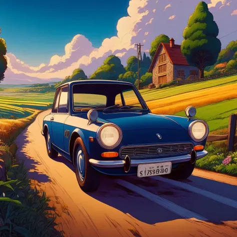impactful paint of classic anime cartoon of  a car in a country road    <lora:Classic_Anime_Style:1>,    highly detailed,   8k,   sharp,  professional, clear,   high contrast, high saturated, , vivid deep blacks, crystal clear
