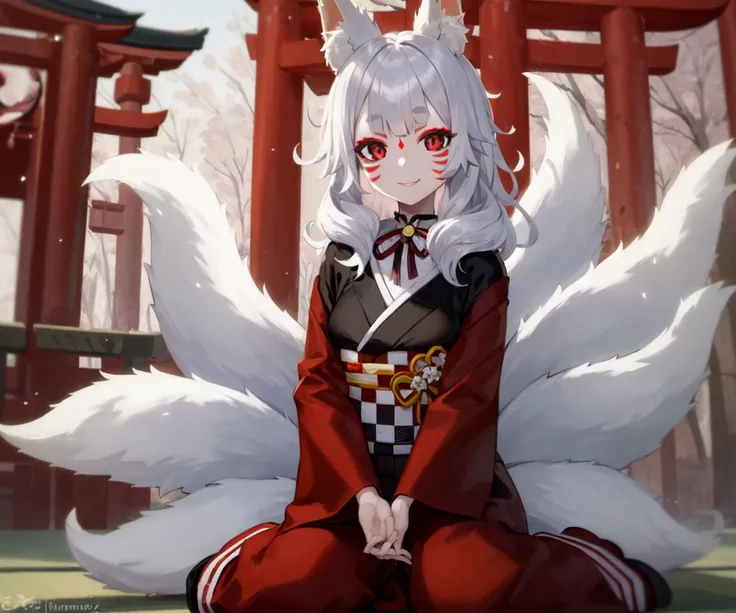 1girl, solo, silver hair, fluffy hair, bangs, red eyes, fox girl, fox ears, fox tail, multiple tails, red kimono, black kimomo, japanese clothes, checkered sash, neck ribbon, face markings, makeup, wariza, japanese shrine, looking at viewer, smile <lora:char-ninakosaka:0.8>