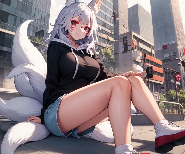1girl, solo, silver hair, fluffy hair, bangs, red eyes, fox girl, fox ears, fox tail, multiple tails, face markings, makeup, large breasts, sweatshirt, hoodie, shorts, sitting, bench, city, downtown, street, crowd looking at viewer, smile <lora:char-ninakosaka:0.8>