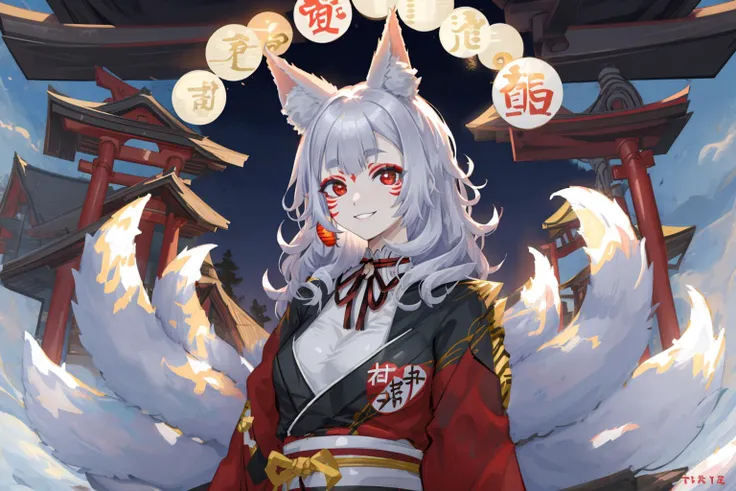 1girl, solo, silver hair, fluffy hair, bangs, red eyes, fox girl, fox ears, fox tail, multiple tails, red kimono, black kimomo, japanese clothes, checkered sash, neck ribbon, face markings, makeup, wariza, japanese shrine, looking at viewer, smile  <lora:ninaKosakaNijisanjiEN_ninaKosakaV10:0.8>