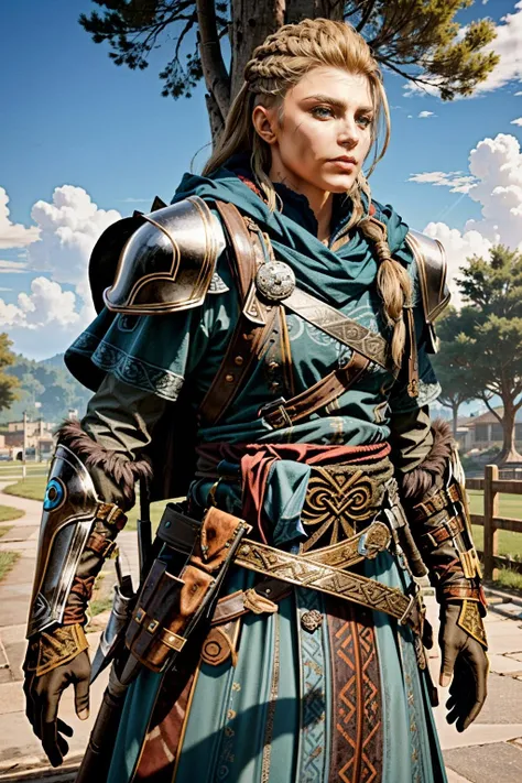 (masterpiece, best quality)
EivorWAssa, solo, blonde hair, brown hair, gloves, weapon, braid, outdoors, sky, day, 1girl, belt, sword, cloud, cape, armor, tree, scar, gauntlets, sheath, realistic
<lora:epi_noiseoffset2:1> <lora:add_detail:0.7> <lora:EivorWAssa:0.9>