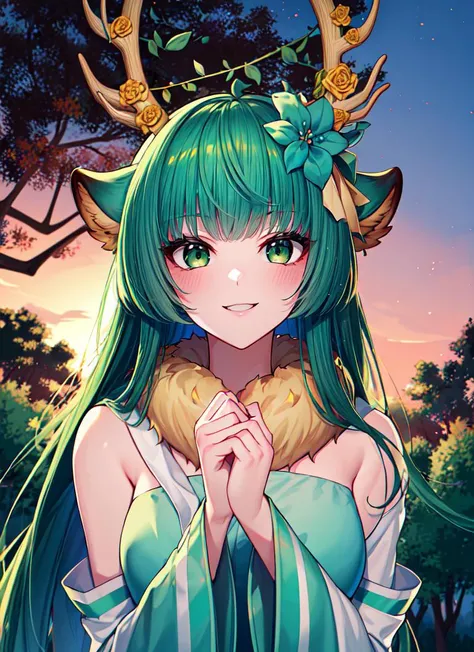 ((best quality)), ((highly detailed)), masterpiece, absurdres, detailed face, beautiful face, (detailed eyes, deep eyes), (1girl), dynamic pose, upper body, <lora:hairdetailer:.6>, <lora:harukakaribu-nochekaiser:1>, haruka karibu, green hair, long hair, hair flower, hair ornament, (green eyes:1.5), reindeer girl, animal ears, animal ear fluff, antlers, reindeer antlers, antler ornament, smiling, green dress, fur-trimmed dress, green sleeves, detached sleeves, barefoot, (outdoors, at a dense forest, path, forest canopy, dawn, sunrise)