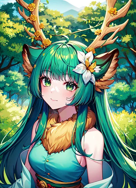 ((best quality)), ((highly detailed)), masterpiece, absurdres, (detailed eyes, deep eyes), <lora:more_details:.2>, (1girl), straight-on, dynamic pose, upper body, <lora:harukakaribu-nochekaiser:1>, haruka karibu, green hair, long hair, hair flower, hair ornament, (green eyes:1.5), reindeer girl, animal ears, animal ear fluff, antlers, reindeer antlers, antler ornament, green dress, fur-trimmed dress, green sleeves, detached sleeves, barefoot, (outdoors, in a rainforest, rainforest canopy, dawn)