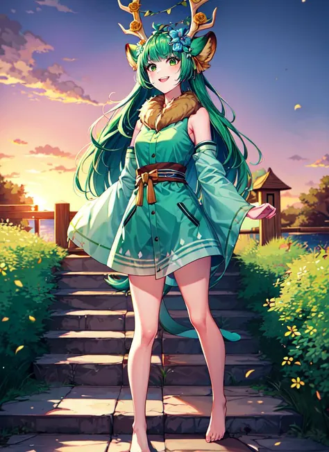 ((best quality)), ((highly detailed)), masterpiece, absurdres, (detailed eyes, deep eyes), <lora:more_details:.5>, (1girl), mirror, reflection, full body, <lora:harukakaribu-nochekaiser:1>, haruka karibu, green hair, long hair, hair flower, hair ornament, (green eyes:1.5), reindeer girl, animal ears, animal ear fluff, antlers, reindeer antlers, antler ornament, smiling, green dress, fur-trimmed dress, green sleeves, detached sleeves, barefoot, (outdoors, at a stairway, sunset)