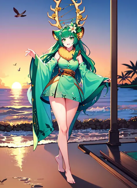 ((best quality)), ((highly detailed)), masterpiece, absurdres, detailed face, beautiful face, (detailed eyes, deep eyes), (1girl), dynamic pose, full body, ((wide shot)), <lora:harukakaribu-nochekaiser:1>, haruka karibu, green hair, long hair, hair flower, hair ornament, (green eyes:1.5), reindeer girl, animal ears, animal ear fluff, antlers, reindeer antlers, antler ornament, green dress, fur-trimmed dress, green sleeves, detached sleeves, barefoot, (outdoors, at a beach, palm trees, seagulls, wetsuit, barefoot, wet hair, sunset)