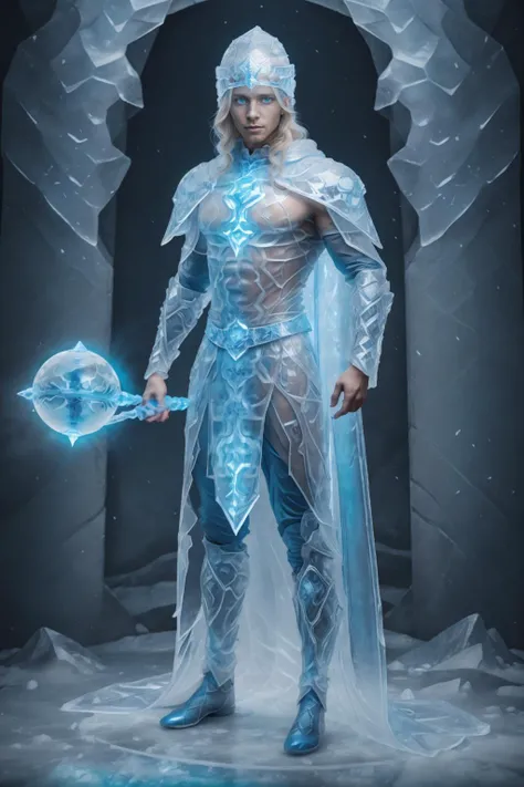 icy cave, rocky foreground, handsome toned Nordic hunk (age 35), pale skin, pale blue eyes, long sandy blonde hair, ic34rmor, wearing ice wizard robes, wearing ice wizard hat, holding (((glowing blue orb))), intricate detail, see-through, translucent, (((full body portrait))), ((full body)), ((facing viewer)), ((looking at viewer)), highly detailed, (high face detail) <lora:Clothing - Ice Armor:0.85>