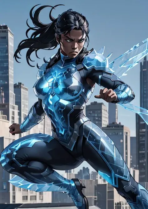 full shot, action pose, dynamic perspective, an athletic viking woman with black hair and (blue skin:1.1), wearing ic34rmor,  cruel expression, on a New York City rooftops, <lora:Clothing - Ice Armor:0.8>,