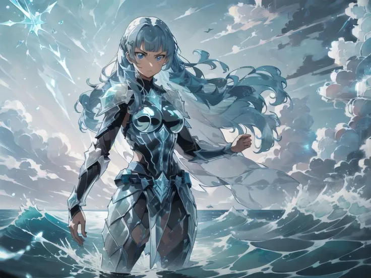 (masterpiece, best quality, highres, absurdres:1.3) (illustration:1.3), (anime:1.2), (anime coloring, flat color:1.2), (art by kantoku:1.2). (detailed:1.1), nice hands, perfect hands. dim light,
BREAK
1girl, (solo:1.6), (standing), (dynamic pose), (cowboy shot:1.2), medium breasts, intricate (baby blue hair:1.4), (very long hair:1.3), blue eyes, (blunt bangs:1.2), (brave, powerful, serious, determined, dominant:1.4)
BREAK
cold transparent ice armor, cold ice vambrace, ice greaves, hair ornament, detailed ultra photorealistic sea, waves, open sea, dark clouds, lightning, ic34rmor, (outdoors:1.2), dynamic angle, (sidelighting:1.2), cinematic composition, cinematic lighting, volumetric lighting, ambient occlusion, ray tracing reflections, HDR <lora:anime_lineart_offset_v2:0.3:GAFU>, <lyco:envybetterhandsLocon_beta2:1>, <lora:Silicon-landscape-isolation:0.4:BG2> <lora:BetterFeet:1.0>,<lora:anti_longtorso_v10:0.5><lora:Clothing - Ice Armor:0.8>