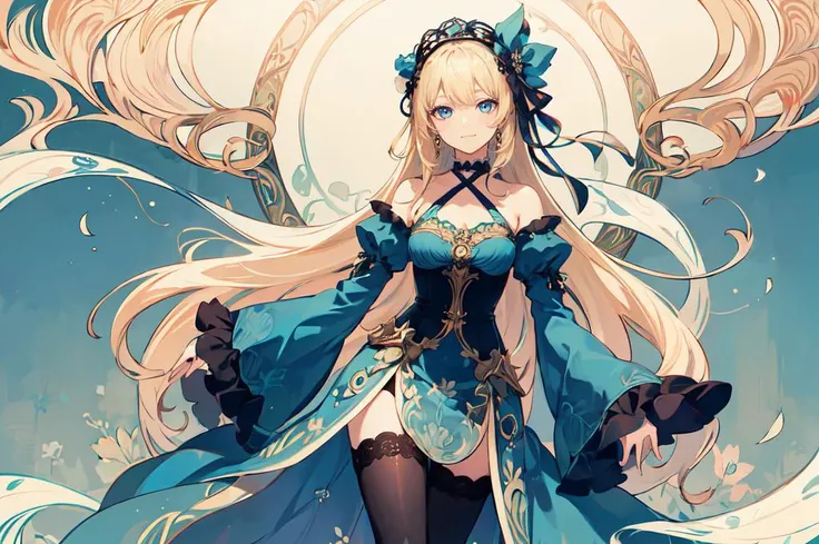 ultra detailed, masterpiece, best quality, detailed background,
solo, blue theme, soft smile, light smile,
1girl, blue eyes, very long hair, blonde hair, long blonde hair, french braid, bangs, medium breasts,
hair ribbon, frilled choker, criss-cross halter, sleeveless dress, high-waist skirt, backless dress, waist bow, detached sleeves, frilled sleeves, wide sleeves, pantyhose, patterned legwear, mary janes, <lora:Nouveau_last:0.85> Art Nouveau Style,