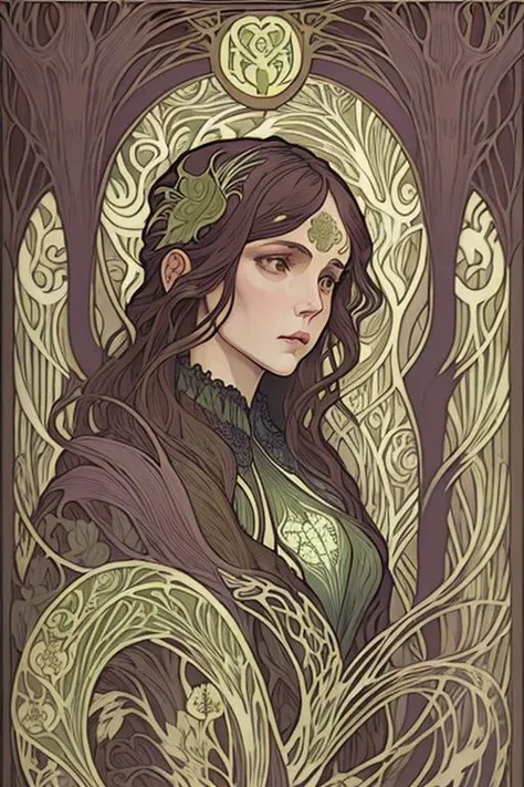 woman in a mythical forest, masterpiece, perfect face, intricate details, horror theme <lora:Nouveau_last:1> (art nouveau style:1.3)