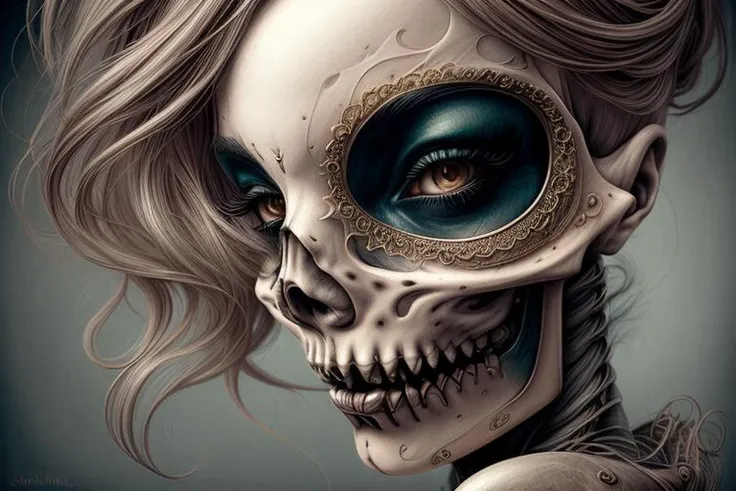 A digital painting of a skeleton whose hairstyle is a fusion of its locks with Art Nouveau elements. The hair should be a complex network of curls and swirls with a monochromatic brown palette, including inner patterns that give it a metallic or carved texture. Her face should be realistic with full lips, pronounced cheekbones, and dramatic eyes. It wears a piece of armor or clothing with a stylized design that complements the intricate details of her hair, in shades of blue and gray. The style should blend realism with ornate stylization.,<lora:Nouveau_last:0.4>,(<lora:surrealismai:0.6> surrealismai),<lora:more_details:0.8>,