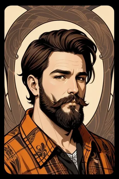 1man, <lora:Nouveau_last:1>, Art Nouveau Style, heavy ink lines, portrait, masterpiece, man, worn orange flannel shirt, very short scruffy beard, very short dark brown hair,